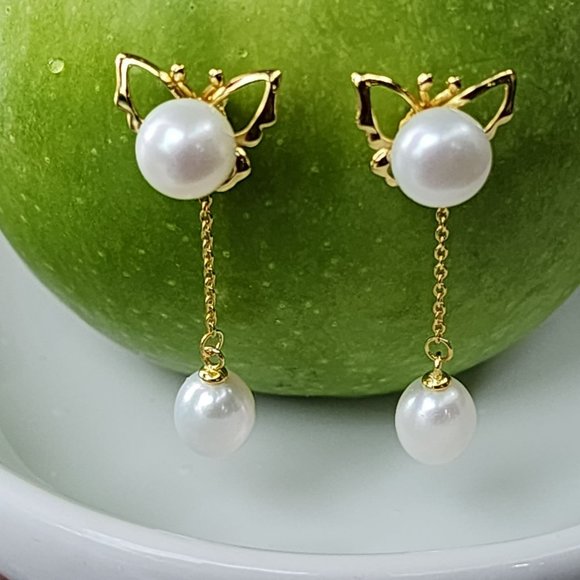 18K Gold Plated Reversible Butterfly With White Freshwater Pearl Dangle Earrings - Picture 12 of 14